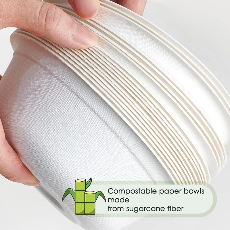 50 Pack Strong Paper Bowls – 340ml Disposable Compostable Bagasse