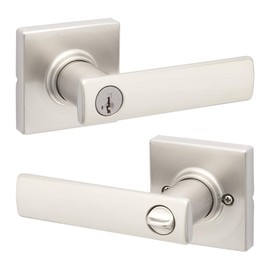 Kwikset Breton Entry Door Handle with Lock and Key, Secure Keyed Reversible Lever Exterior, For Front Entrance and Bedrooms, Satin Nickel , Pick Resistant Smartkey Rekey Security and Microban