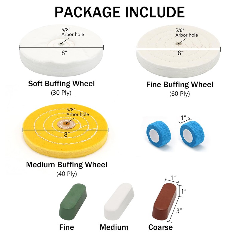 SCOTTCHEN 8inch Buffing Polishing Wheels 5/8" Arbor Hole,Soft/Fine/Medium for Bench