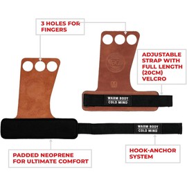 WARM BODY COLD MIND Leather Hand Grips - 3-Hole Gloves for Weightlifting, Gymnastics, Crossfit, Pull Ups, Lifting Straps Strength Training, Fitness, Bodybuilding, Weightlifting, Gym, for Men and Women