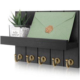 QYINXIU Key Holder for Wall, Decorative Mail Organizer Wall Mount with 5 Key Hooks for Farmhouse Apartment Essentials, Home Decor for Living Room (Black)