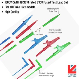 FUSED GS38 3 WIRE TEST LEADS - SUITABLE FOR ALL FLUKE 1651, 1652, 1653, 1654, 1662, 1663 & 1664FC MULTIFUNCTION TESTER - RED, BLUE & GREEN