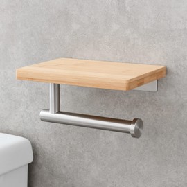 Tecmolog Stainless Steel Paper Roll Holder Wall Mount Toilet Tissue Holder with Wooden Storage Shelf, Brushed Nickel, SBH264NA