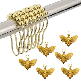 ZILucky Set of 12 Skull Death's-Head Hawkmoth Shower Curtain Hooks Rings Halloween Party Supplies Haunted House Decoration Stainless Steel Rustproof (Gold-SkullMoth)
