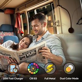 Obeaming Campervan LED Reading Light 12V Flexible Spot Inbuilt Dimmer Switch, Type-C Charger&Red Night Light Bedside Reading Lamp 3200K for Motorhome Caravan Camper Van, DC12-24V (Black)