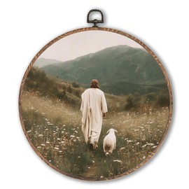 Lengues Christian Jesus Leaves the 99 Sheep Round Wall Art, Jesus Landscape Lamb Round Wall Decor, Cottagecore Decor Canvas Framed Art Prints, Christian Print Hanging Frame for Home Room 10x10 Inch