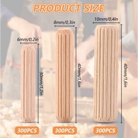 YAYODS 900 Pieces Various Wooden Dowels Set - M6 M8 M10 Groove Dowels Round Eucalyptus Dowels, Wooden Plugs Dowel Rods - Furniture Wood Dowels, Groove Dowels for Grooved Grooves, Crafts, DIY