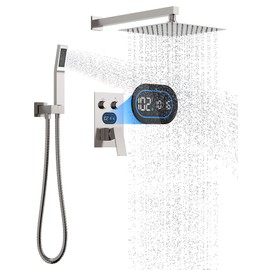 Push Button Diverter Shower Faucet Set Hydro Power Temperature Display, Shower System 10 Inch Shower Head with Handheld Spray, Wall Mounted Shower Fixtures with Valve and Trim Kit, Brushed Nickel