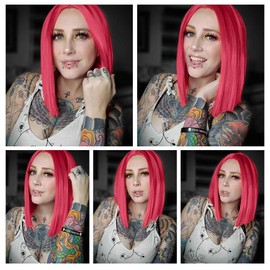 ENTRANCED STYLES Red Wig Synthetic Straight Hair Middle Part Wig Shoulder Length Bob Wigs for Women Colorful Bob Wigs for Party & Cosplay Use