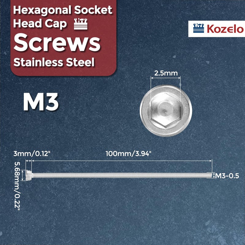Kozelo 4pcs Socket Head Cap Screws [M3-0.5 x 100mm] 304