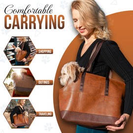NoblePup Faux Leather Dog Carrier for Small Dogs, Water-Resistant Designer Dog Purse with Safety Harness, Fashion Pet Carrier for Dogs 5-15 lbs, Luxury Dog Shoulder Carrier, Brown