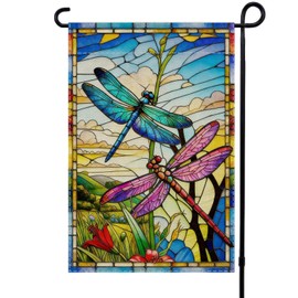 ALEXMACLIST Dragonfly Stained Glass Garden Flag 12x18 Inch Double-Sided Decorative Outdoor Flag for Spring and Summer, Vibrant Yard Decoration for Lawn, Garden, Patio, and Home(Flag Only)