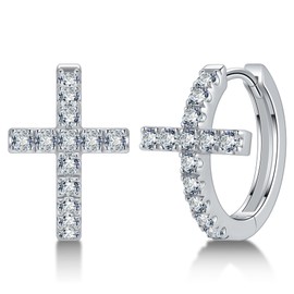 Hitlinker Sterling Silver Moissanite Cross Earrings for Women Men Hoop Huggie Hypoallergenic Lightweight Christian Small Dainty Earring Studs Jewelry Gift for Her(Cross Hoops,Silver)