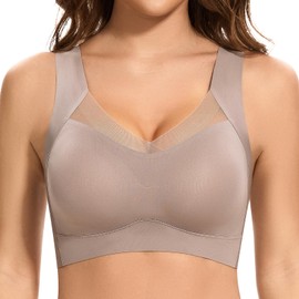 Cavotor Wireless Bras for Women Comfort Support Non Wired Sport Bra for Large Busts Seamless Padded Soft Mesh Bralettes (Coffee,L)