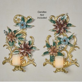 Abylissa Floral Candle Metal Wall Sconce Set of Two | Hand-Finished and Hand-Dyed with Pastel-Hued Alcohol Ink | Shimmering Metallic Gold Leaf | Openwork, Dimensional Flower Wall Candleholder Set of 2