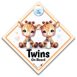 Twins on Board Car Sign, Cute Giraffe Design Baby on Board Sign for Twins, 14x14cm, Interior Suction Cup Window Display