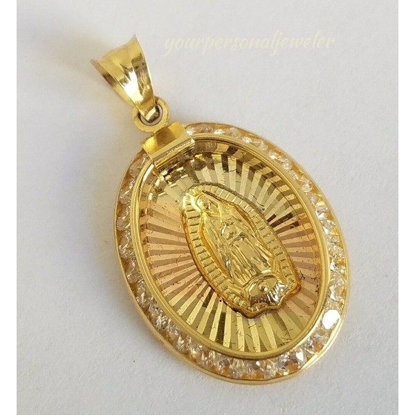10k yellow gold virgin Mary Holy mother diamond cut oval pendant charm 1" long