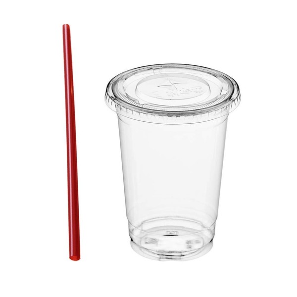 (100 Sets) 10 oz Clear Plastic Cups with Lids and FREE Straws, Disposable Crystal Clear PET Cups with Flat Straw Slot Lids for Cold Drinks, To Go Iced Coffee, Juice, Soda, Bubble Boba Tea, Smoothie