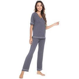 WiWi Viscose from Bamboo Pajamas Set for Women Soft Short Sleeves Top with Long Pants Pjs Sleepwear Summer S-XXL, Dark Grey, X-Large