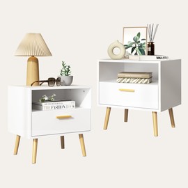 Timechee Bed Side Tables Bedroom Set of 2, 19.5" Modern Nightstand with Open Shelf and Storage Drawer, White Nightstand Set of 2 with Metal Legs and Handle, Small Bedside Table, White Night Stand