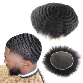 lumeng Afro Toupee Male Hair Unit Black Mans Wigs Curly Men Toupee 100% Human Hair African American Toupee for Men Male Wave Hairpiece 8MM Wave 360 Hair Unit 8x10inch French Lace 1# Jet Black