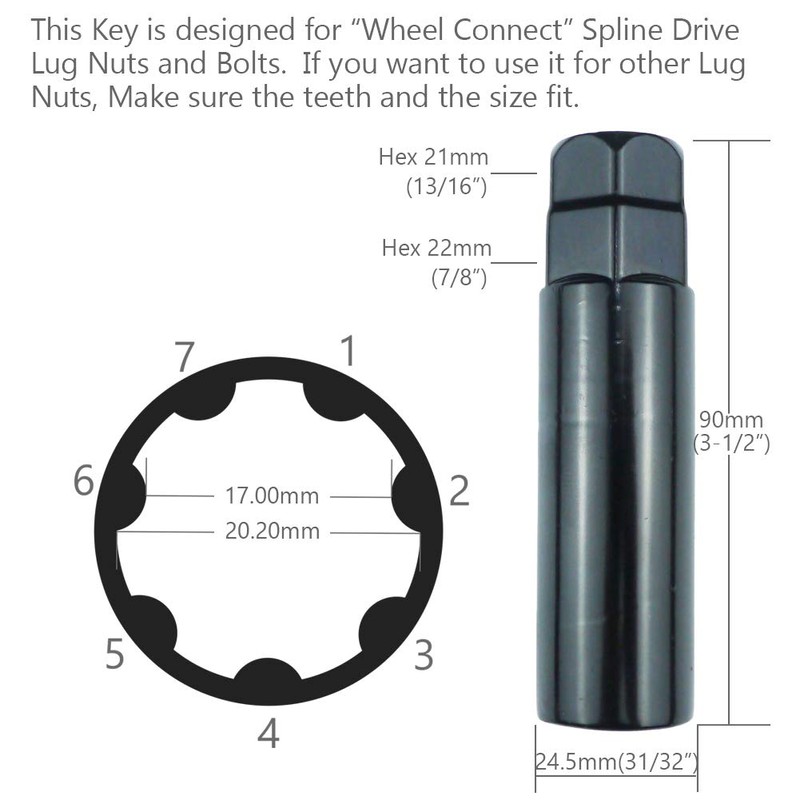 WHEEL CONNECT Lug Nuts Key for Spline Drive Lug Nuts