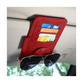 Mandark Car Sun Visor Organizer, Small Leather Vehicle Sunglass Clip Holder for Card License Registration Document Pen, Multifunctional Automotive Sunvisor Storage Pocket, Universal Fit (Red)