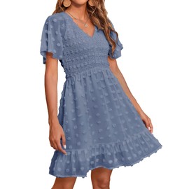 BTFBM Women's Swiss Dot Smocked Dresses Resort Cruise Outfits 2024 V Neck Short Sleeve Flowy Casual Wedding Guest Dress(Swiss Dot Grey Blue, X-Large)