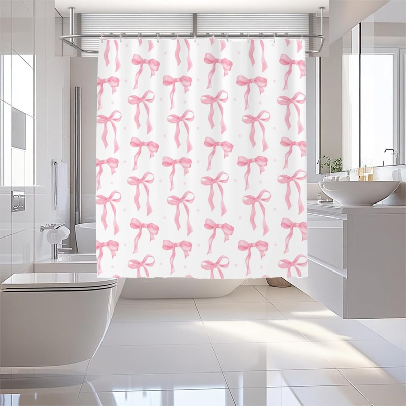 FloralGrace Cute Shower Curtain Pink Bow Fabric Shower Curtains for