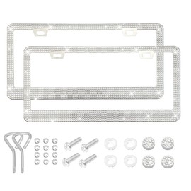 Bling Car License Plate Frame, Stainless Steel Car License Plate Tag Cover, Handmade Bedazzled Crystal Diamond License Plate Holder, Car License Accessories for Women Men (White, 2PCS)