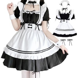 GEAHOL Maid Clothing, Cosplay, Café, Maid Apron, Classic, Short Length, 10-piece Set, Maid Costume, Masquerade, Women's, Men's Set, Complete Set, Scrubbing, Event, Party, Adult, Unisex (S)