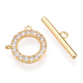 LiQunSweet 5 Sets Golden Color Ring Brass Micro Pave Clear Cubic Zirconia OT Toggle Clasps Round T-bar Closure Connector Extender Clasp for DIY Necklace Bracelet Jewelry Making