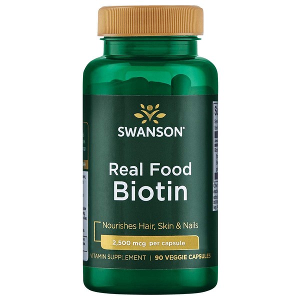 Swanson Real Food Biotin Vitamin B-7 Hair Skin Nail Metabolism Health from Organic Hummingbird Tree Extract Vegan Gluten-Free Non-GMO B7 5000 mcg 90 Veggie Capsules (Caps)
