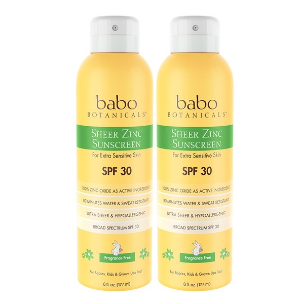 Babo Botanicals Sheer Zinc Continuous Spray Sunscreen SPF 30 with 100% Mineral Active, Unscented 12 Fl Oz (Pack of 2)