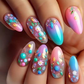 Flower Press on Nails Medium Colorful Smudge Spring Floral False Nail Full Cover Blossom Stick on Nails Acrylic Artificial Fingernails Almond Shaped Glossy Press Ons Glue on Nails for Women 24Pcs