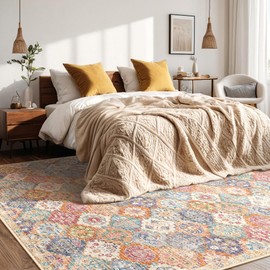 Kokia Trellis Moroccan 9x12 Washable Area Rugs Orange, Oriental Rug for Living Room, Soft Non-Slip Foldable Rugs for Bedroom Dining Room