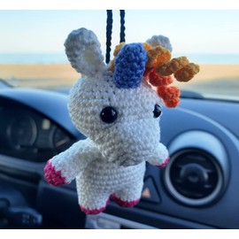 Unicorn Crochet Cute Ornament, Car Mirror Hanging Decorations, Handmade Car Rear View Mirror Holder Hanging Accessories, Bag Ornament.