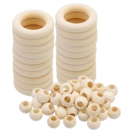 PATIKIL Natural Wood Rings and Unfinished Wooden Beads Set, 20Pcs 50mm Wood Hoop & 50Pcs 20mm Wood Color Round Loose Beads for DIY Pendant Connectors Jewelry Making Macrame Wall