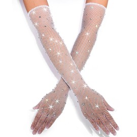 GEMILY White Mesh Gloves Sparkly Rhinestone Long Gloves Fashion Opera Glove Costumes Party Accessories for Women and Girls(White-2)