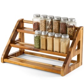 Tinamo Acacia Wood Spice Rack for Countertop - Wooden Tray Holds 24 Jars Spice Racks Organizer for Storage Shelf - 3 Tiered Spice Rack Organizer for Cabinet - Spice Shelf for Kitchen Pantry (Acacia)