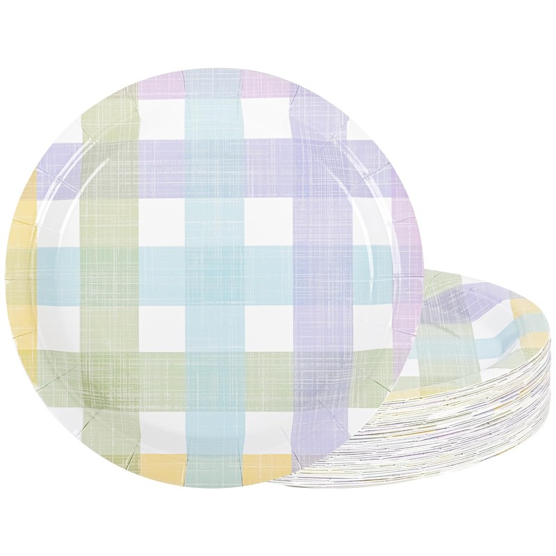AllReal 24Pcs Spring Easter Dessert Plates Pastel Gingham Disposable Paper