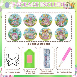 INCOK Easter Diamond Painting Coasters - 8 PCS DIY Gnome Diamond Art Kits Non Slip Drink Coasters with Holder Cork Pad Round Shaped Art Craft Creative Funny Easter Gift for Families Beginners