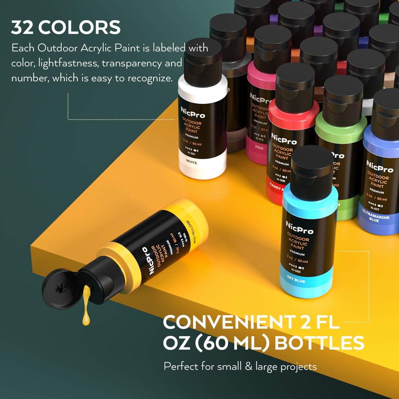 Nicpro 32 Colors Outdoor Acrylic Paint Bulk with Brush and