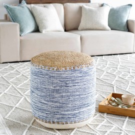 Hauteloom Grady Natural Wicker Jute Round Pouf - Ottoman Style Braided Woven Foot Stool - Natural Fiber Round Cylinder Ottoman - Brown, Blue, White - 18" x 18" x 16"