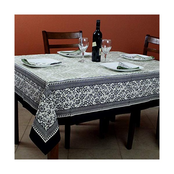 India Arts French Country Floral Print Tablecloth Square Cotton Table Linen Beach Sheet Beach Throw (Black Green, Tablecloth 72 x 72 inches)