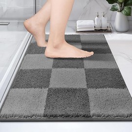 PURRUGS Machine Washable Matting Free Bathroom Rug 20" x 30", Non-Slip Dense Pile Bath Mat, Super Absorbent and Quick-Dry Bath Rug for Shower, Bathtub, and Sink, Grey & Dark Grey