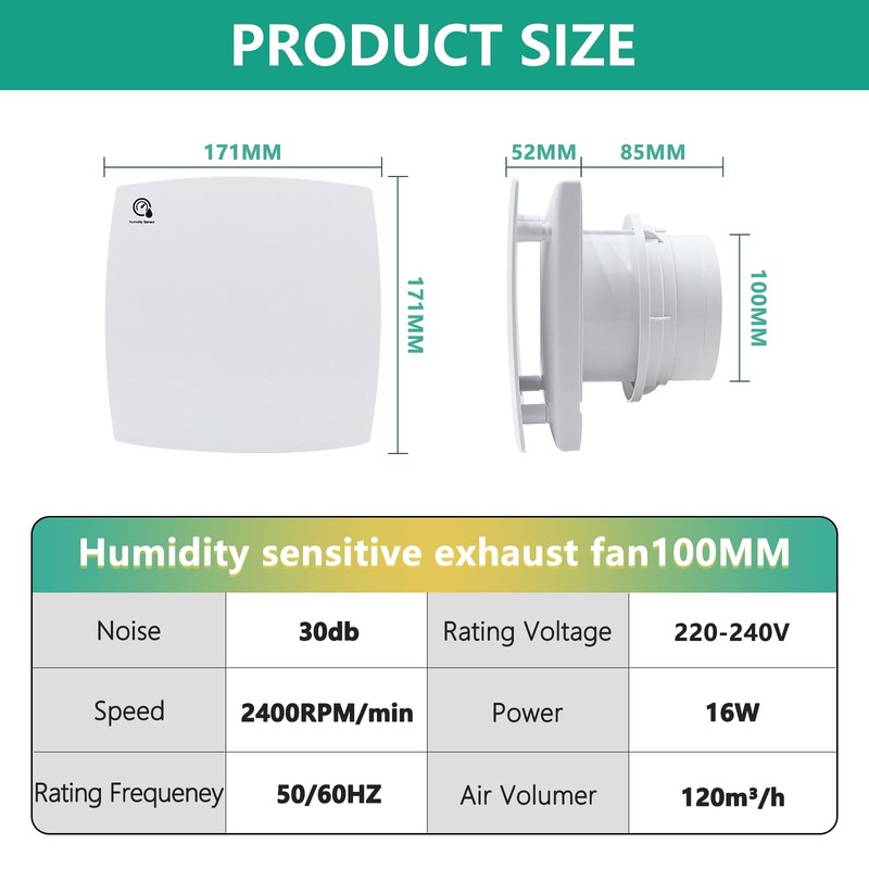 FanGoFast 100 mm bathroom fan with humidity sensor, exhaust fan