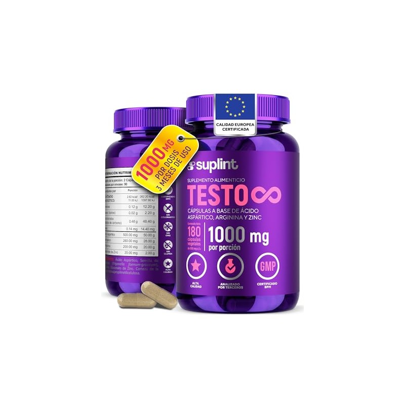Testo Suplemento Hombre Ácido Aspártico Fenogreco Arginina Zinc Vegano Gluten