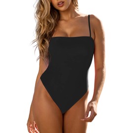 RELLECIGA Women's Black Bathing Suit Adjustable Thin Shoulder Straps Bandeau One Piece Size X-Large