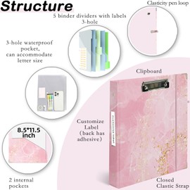 Etzul 3 Ring Binder 1 inch with Clipboard - Pink & Gold Marble Design, Includes Dividers, File Bag & Spine Label - Stylish and Durable for Everyday Use, Holographic Waterproof Film